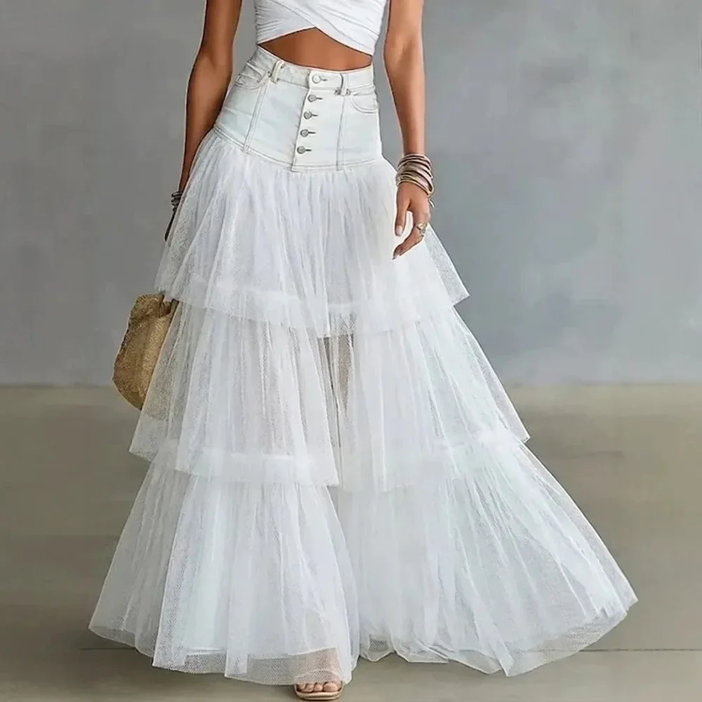 2026 Summer Women's Mesh Tiered Elegant High Waist Tulle Cake Skirt Large Swing Midi Skirt Casual Fairy Long Skirt New