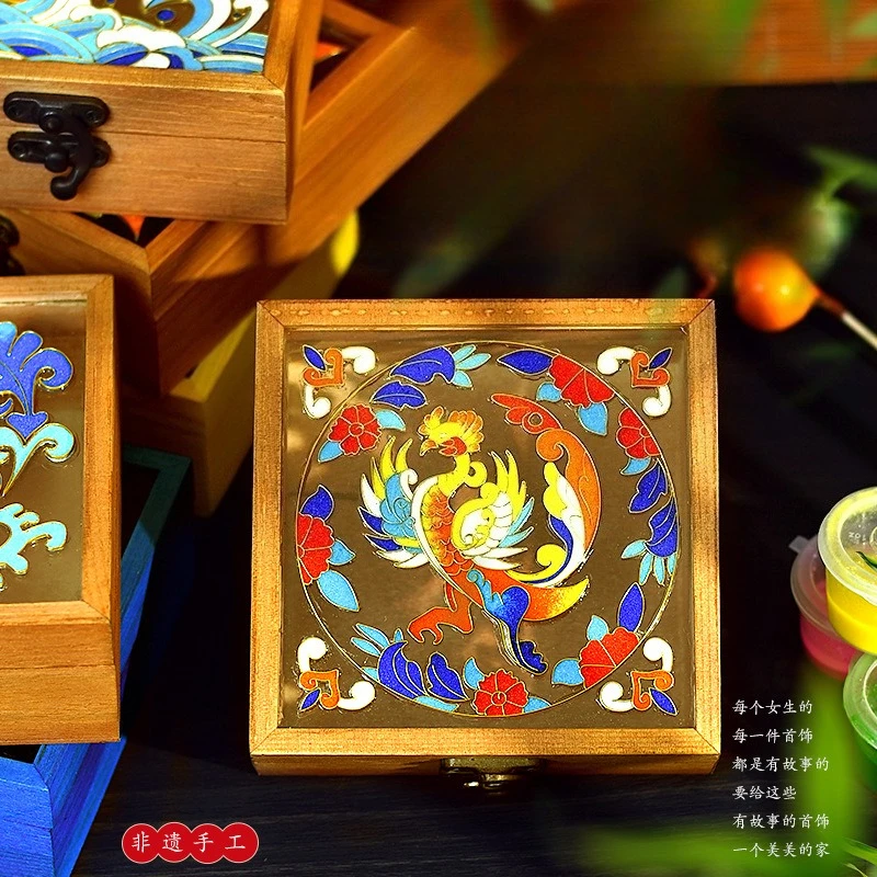 Cloisonn É Enamel Jewelry Box DIY Storage Box Material Pack with Glass Top Souvenir Gift Filigree Enamel Painting Accessories