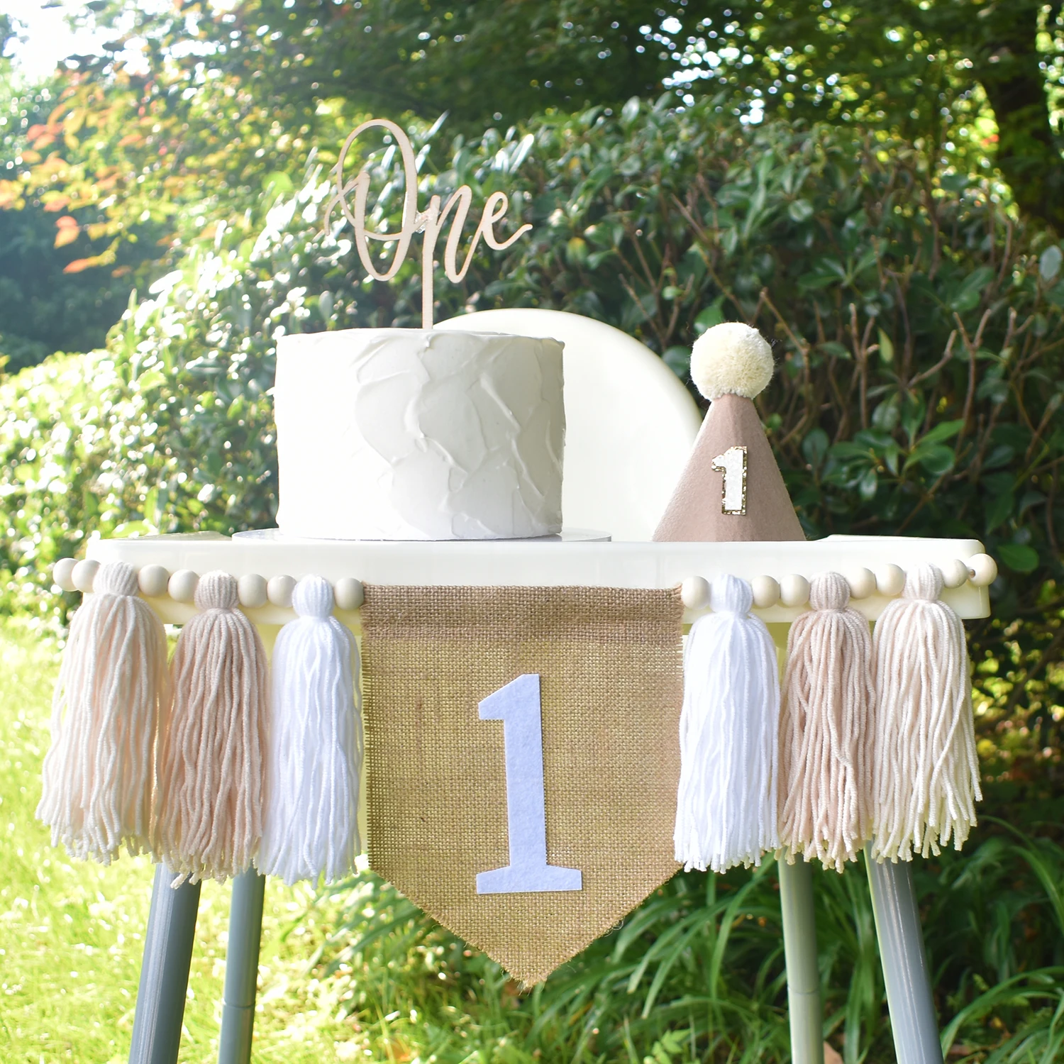 Baby's 1st Birthday party High Chair Banner Birthday Crown Hat Set Handmade Wooden Beaded Fringe Garland Photographic Prop