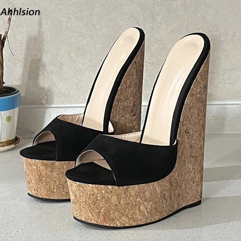 Ahhlsion New Arrival Women Summer Sandals Cork Wedges High Heeled Peep Toe Elegant Black Casual Shoes Ladies US Plus Size 4-15