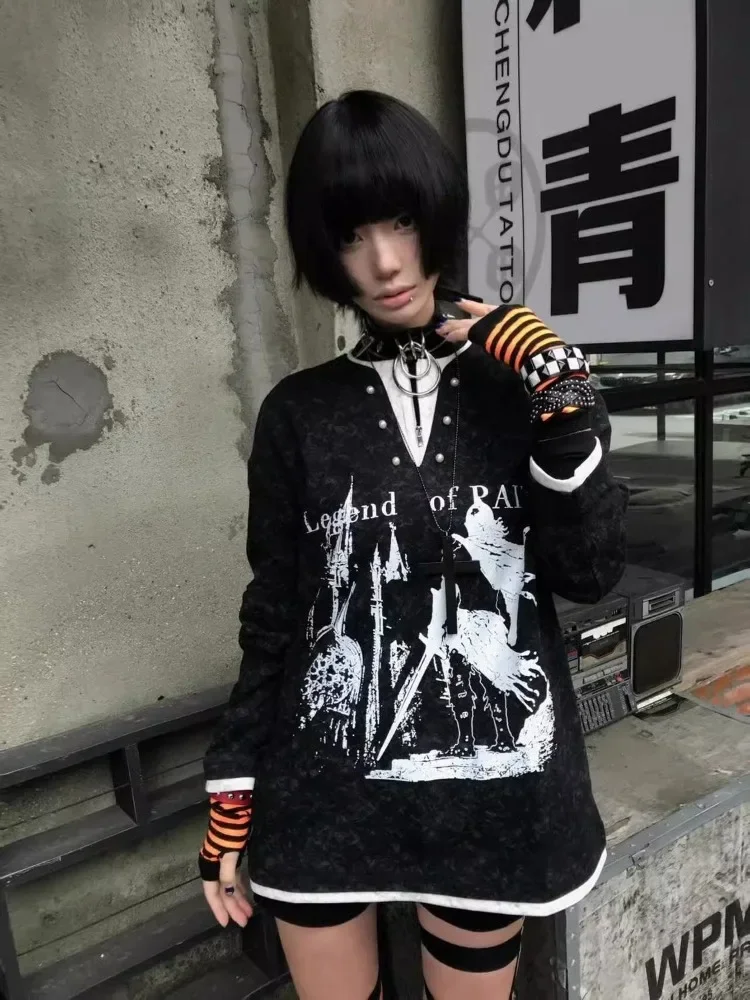 

HOUZHOU Grunge Gothic Streetwear Hoodies Women American Retro Y2k Hip Hop High Street Patchwork Print Loose Sweatshirt 2025