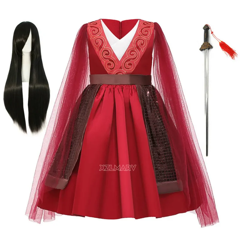 Disfraz de Mulan de Navidad y Halloween para niña, vestido de Mulan para niño pequeño de verano, vestidos rojos con manga de tul para fiesta de cumpleaños, espada gongfu