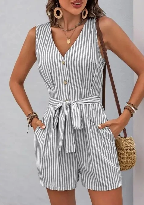Women's Sleeveless V - Neck Romper, Striped Pattern with Button Front and Self - Tie Belt, Minimalist Jumpsuit Design