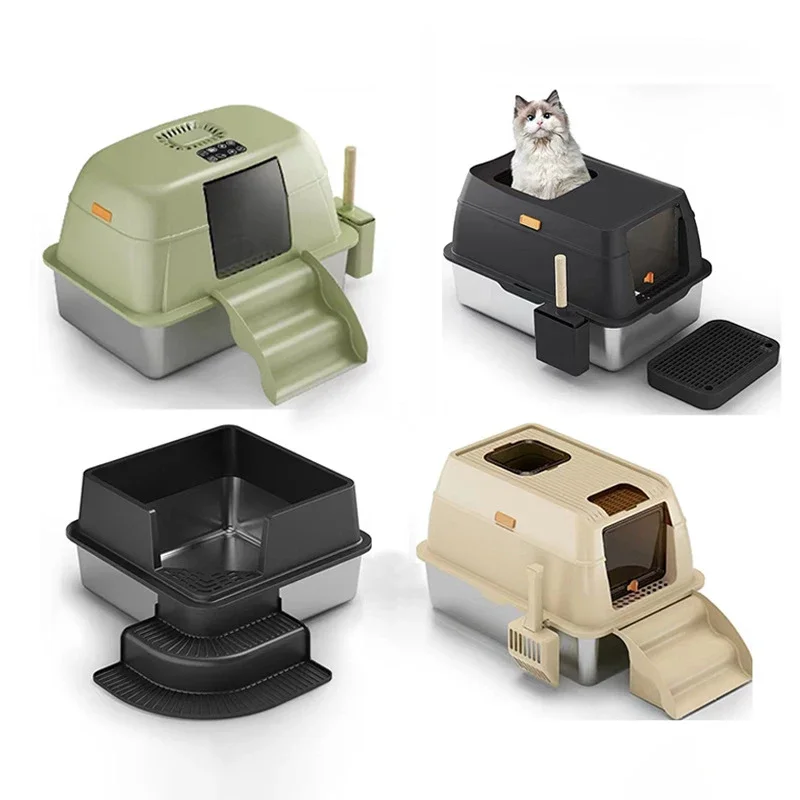 Baming Extra Thick Stainless Steel Cat Litter Box With Lid Set Anti Splash/Anti-Slip/Easy To Clean