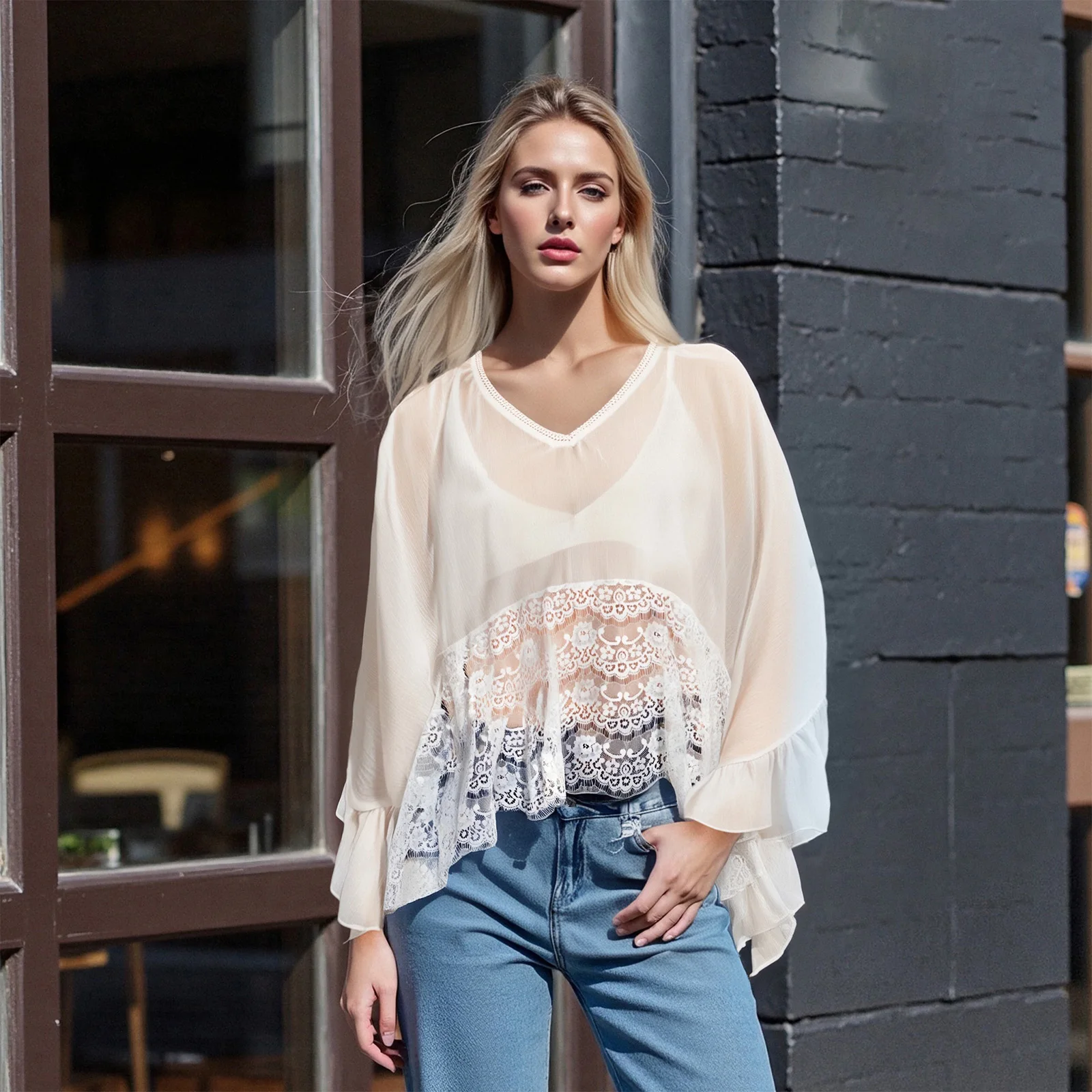 Copricostume da donna in rete Kawaii con fiori in pizzo trasparente con scollo a V sexy, vestibilità ampia, top trasparenti, tinta unita, camicie casual per uscire