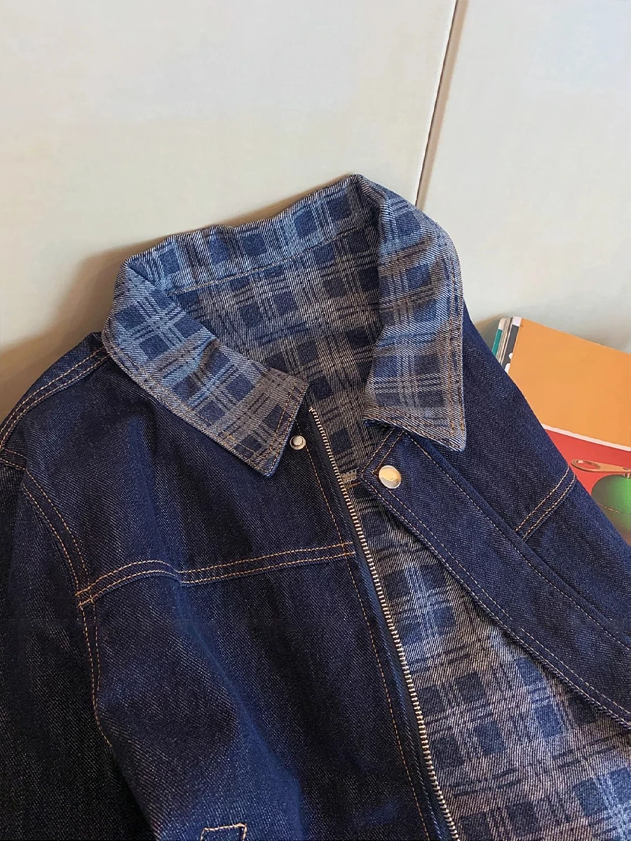  Plaid Color Block Short Denim Jacket Women's Fashionable Anti-Aging Spring Autumn Seasonal Zipper Closure Casual Top