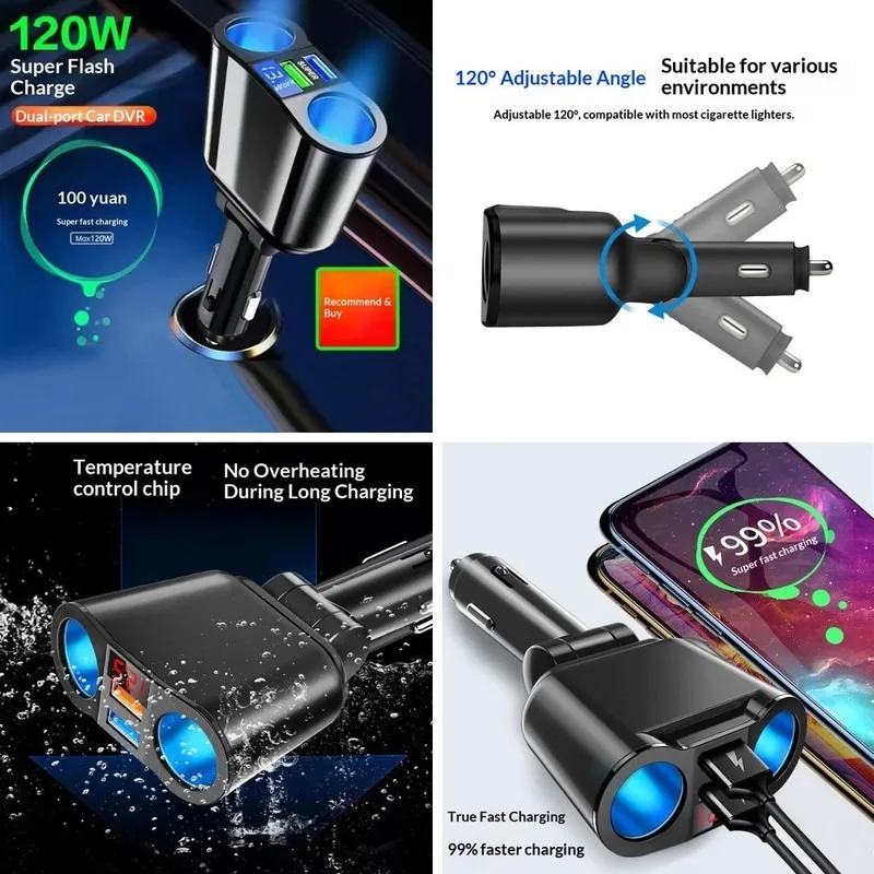 12V/24V Car Charger 3-in-1 USB Fast Charging Adapter, Dual Cigarette Lighter Splitter Socket, Multi-Function