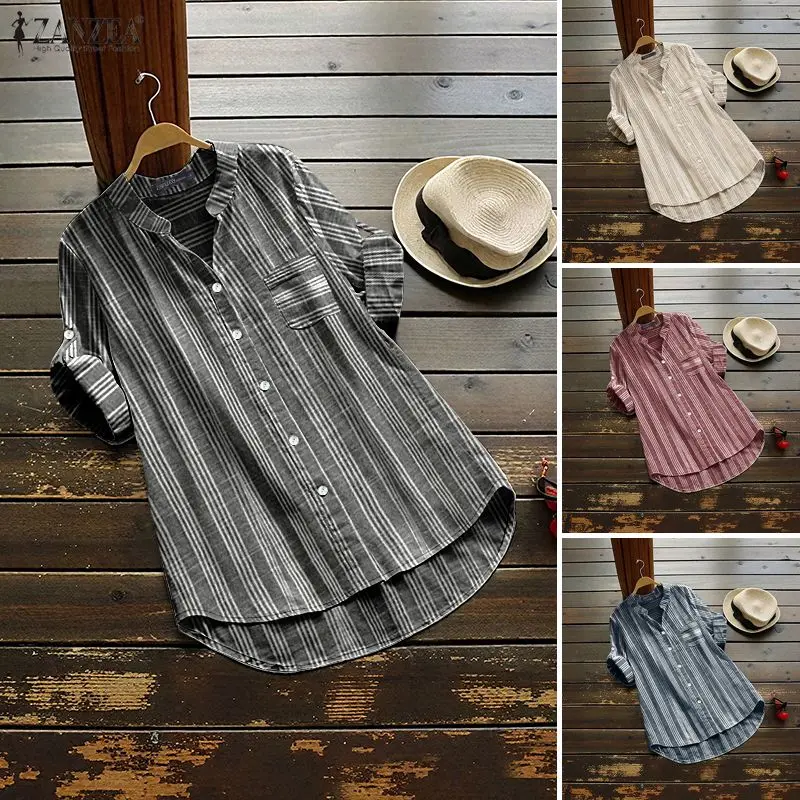 

Spring Women's 3/4 Sleeve Striped Shirts Casual V-Neck Button Up Rounded Hem High-Low Long Shirt ZANZEA Woman Clothes S-3XL