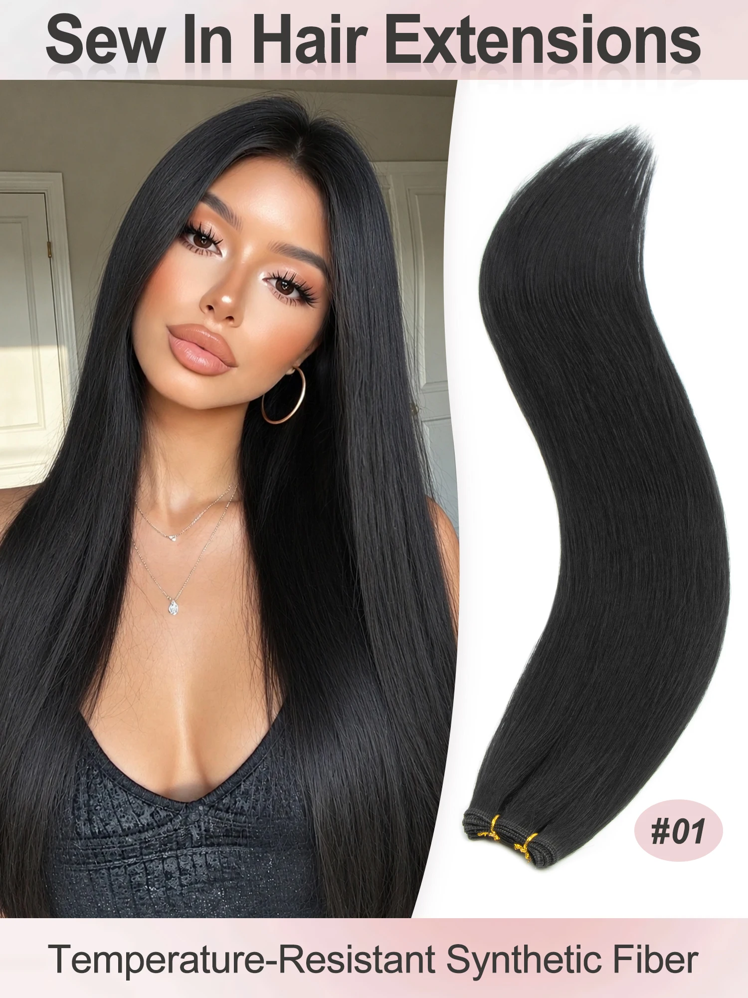 50G/Pack Synthetic Hair Bundles Sew-In Double Weft Straight Hair Extensions Bundle Deals for Women Natural Look Easy To Wear
