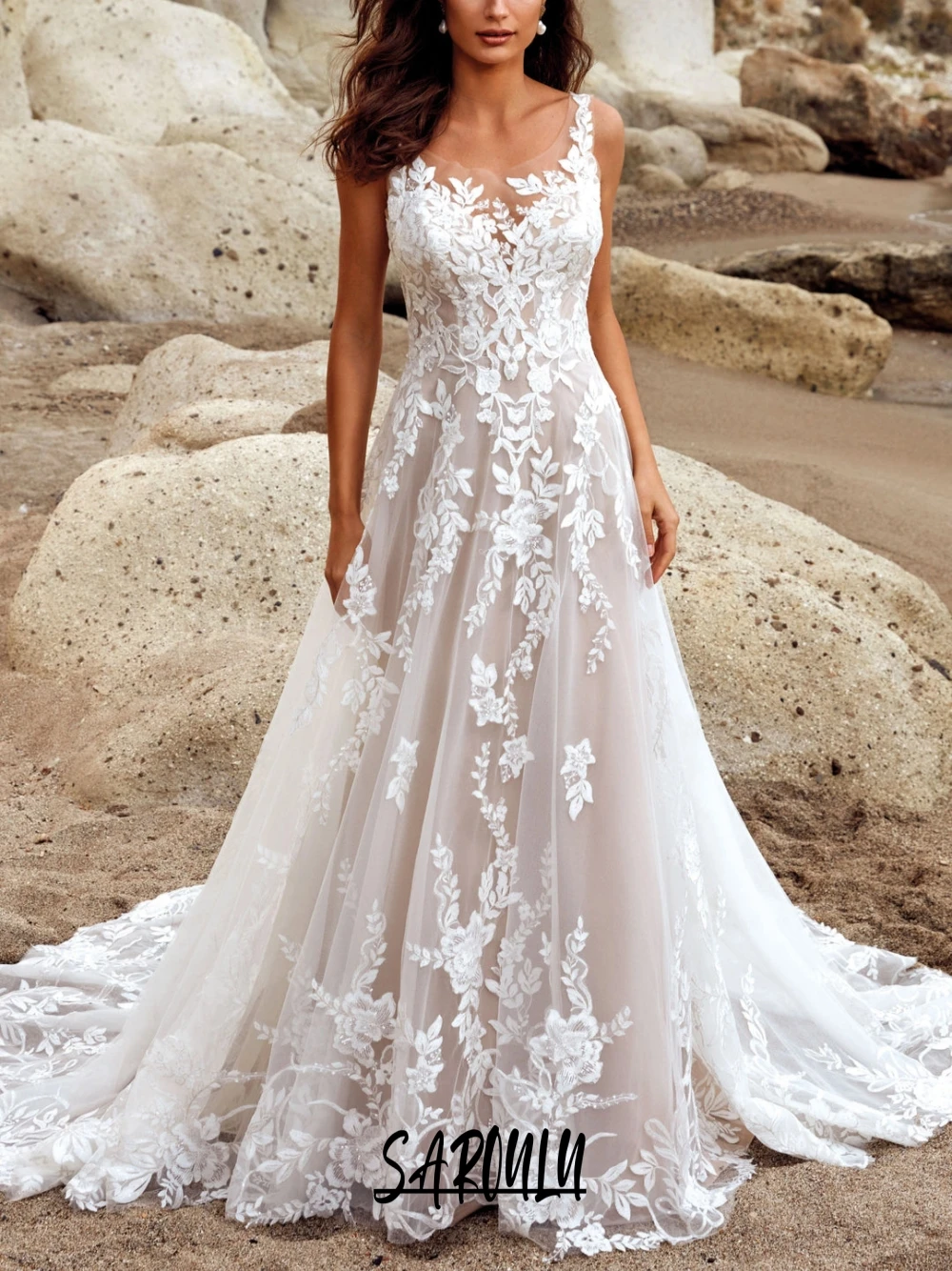 

SAROULU Beach O Neck Wedding Dress For Women Customized Boho Lace A Line Bride Dresses Sleeveless Appliques Bridal Gown