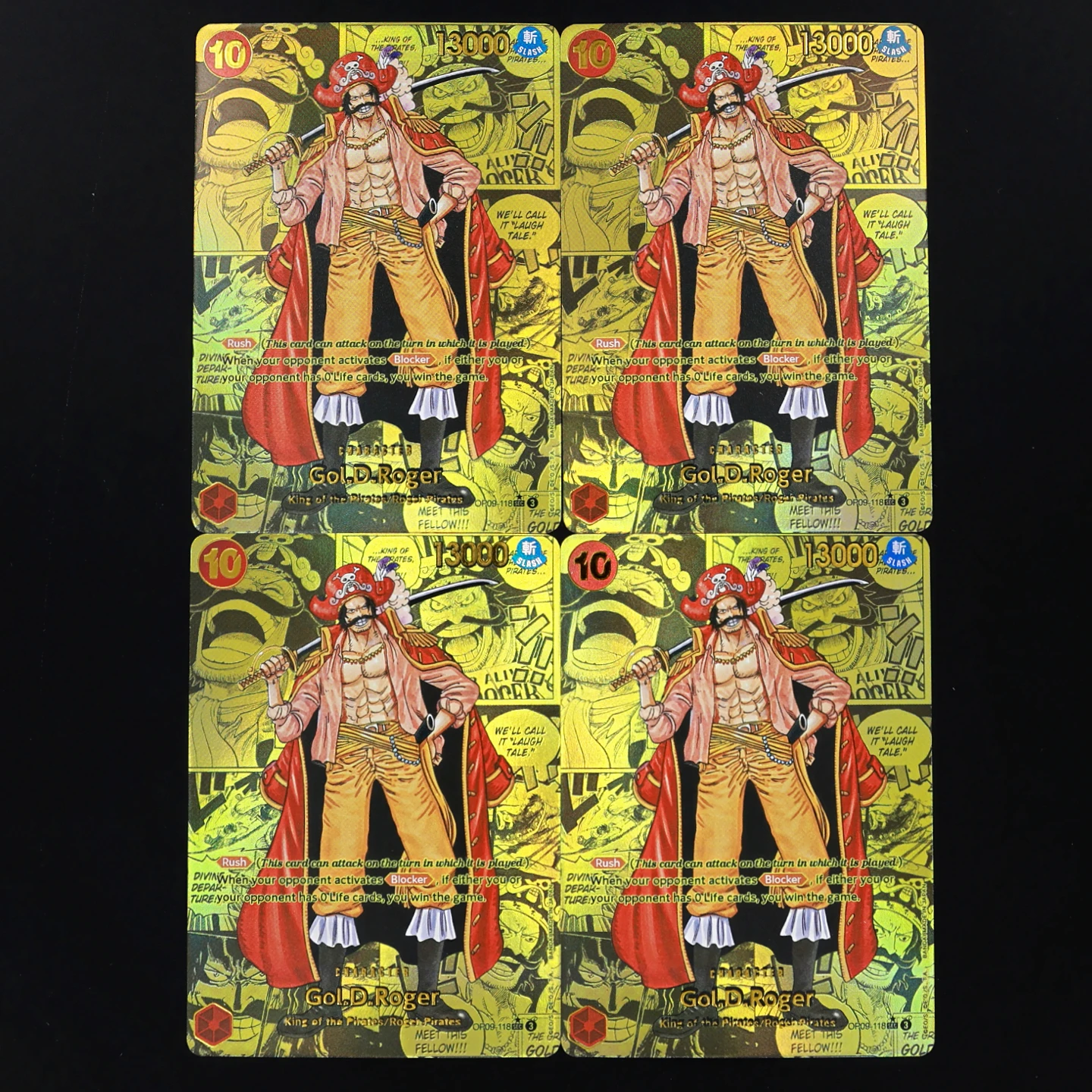 Tarjeta de One Piece TCG OPCG en inglés, manga OP09-118, Roger 10 cost, tarjeta de foil texturizada de Roger roja con proceso de estampado en caliente.