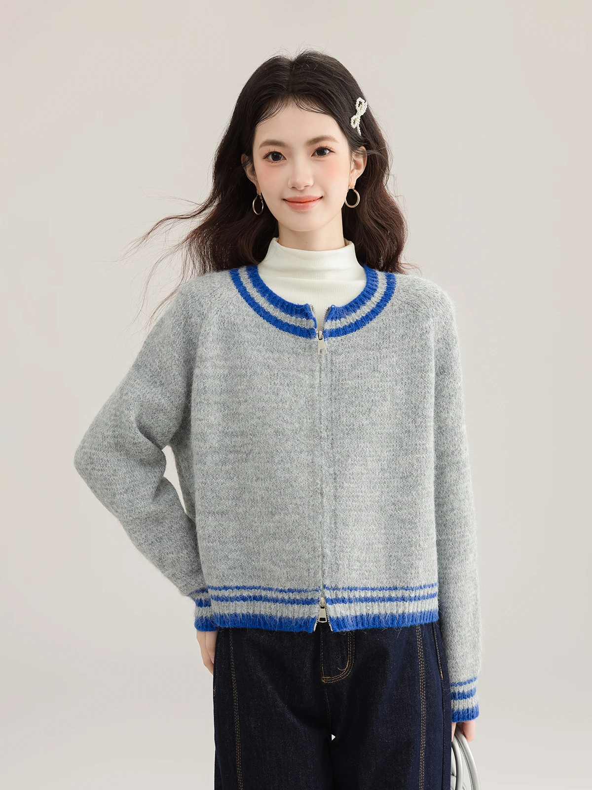 

Осенний свободный вязаный свитер с двойной молнией для женщин, корейский стиль, универсальный, утепленный, стройнящий топ