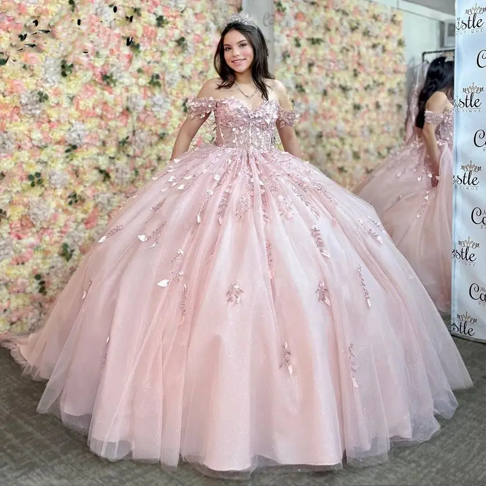 

Lorencia Sparkly Pink Quinceanera Dress 2023 Ball Gown Appliques Flowers Beading Sequins Puffy Sweet 15 16 Dress Vestido YQD175