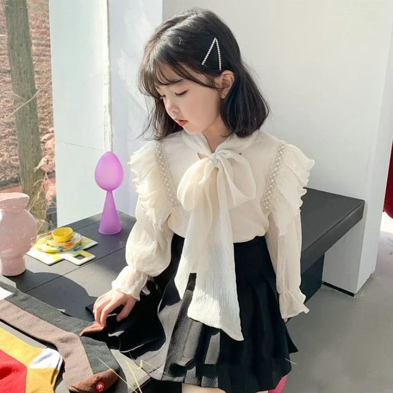 Korean Baby Girls Elegant Blouses 2023 Spring Long Sleeve Children Tops Autumn Lace Ruffles Cute Kids Shirts Clothes