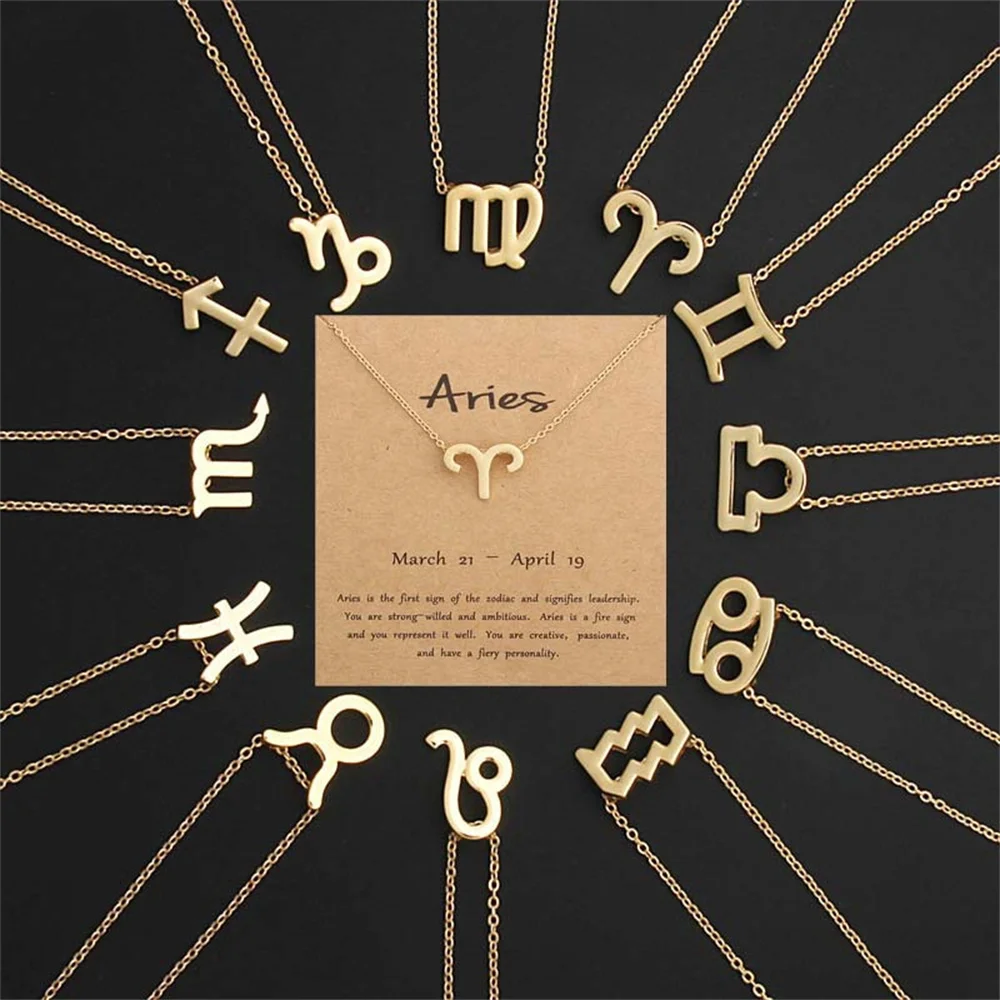 12Pcs/Lot New Fashion 12 Zodiac Sign Pendant Women Necklace Constellation Chain Choker Jewelry Party Birthday Gift Mixed Style