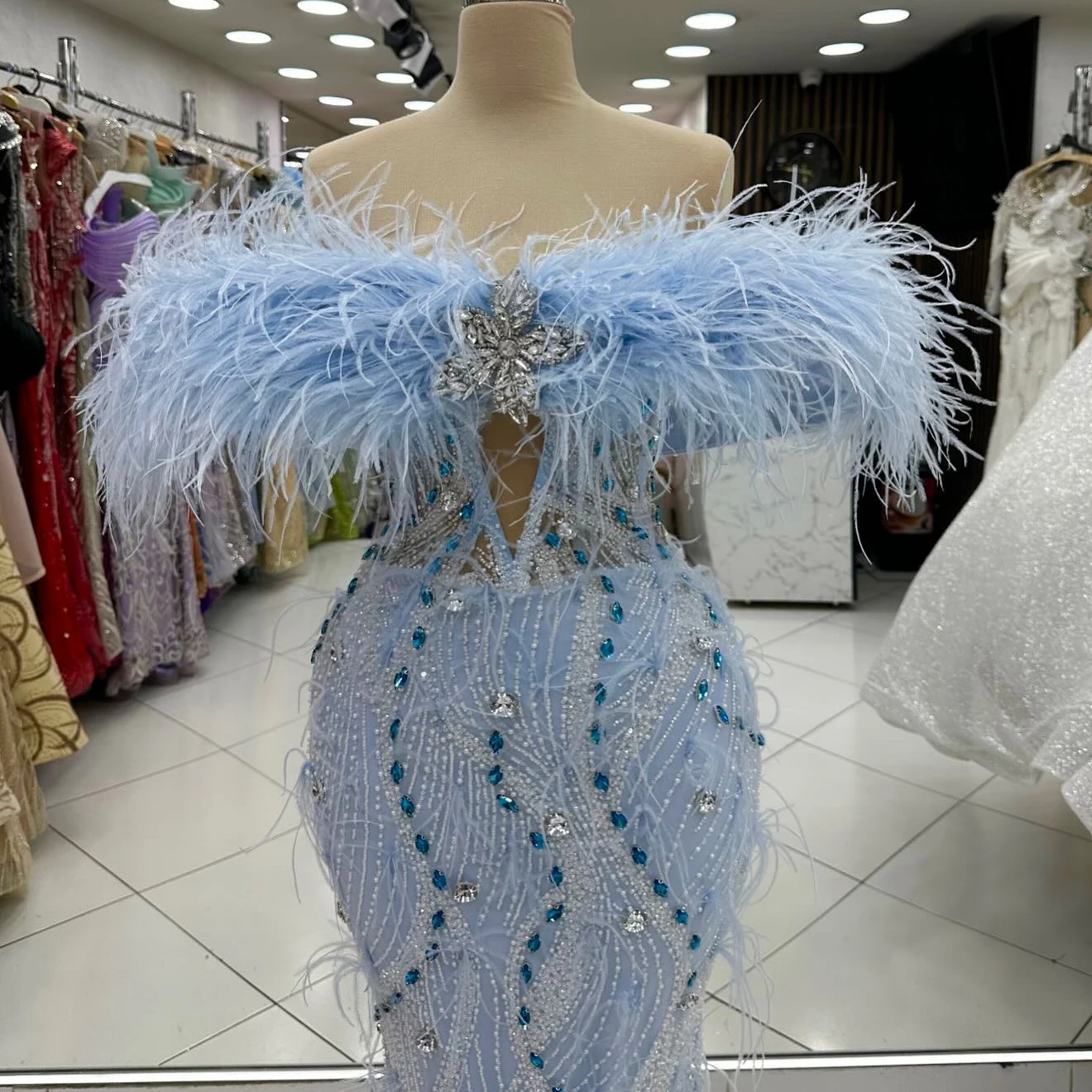 Robe de Soirée Élégante en Forme de Sirène, Bleu, Plumes, Clip, Perlée, Bal de Fiançailles, Mariage, Personnalisée