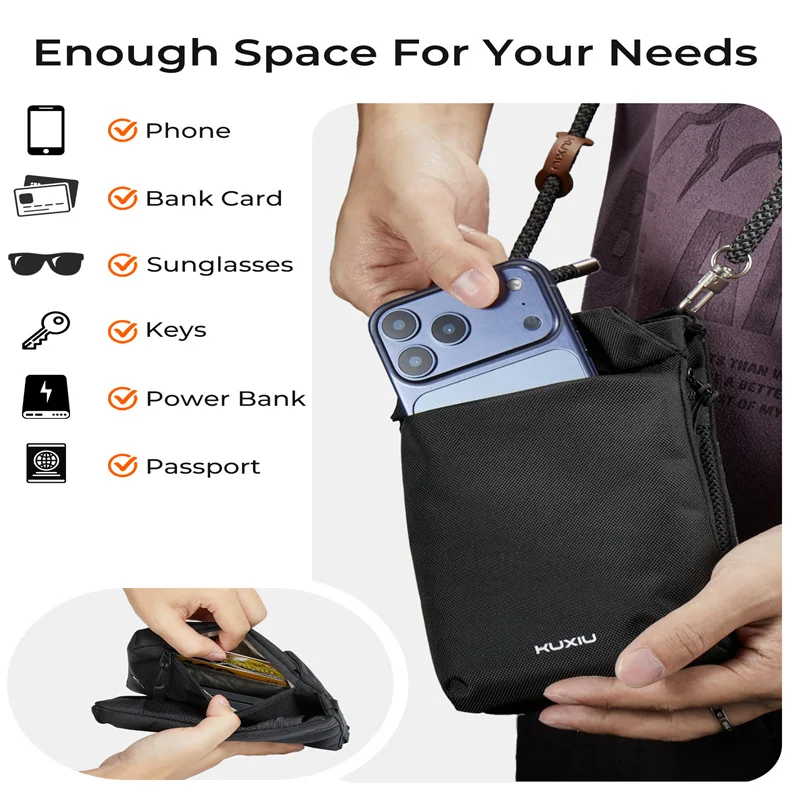 Wodoodporna nylonowa torebka na telefon KUXIU, mała torba crossbody do podróży, przegródki na karty ARFID chroniące przed kradzieżą, wielofunkcyjna torebka na telefon komórkowy. — zdjęcie produktu 4