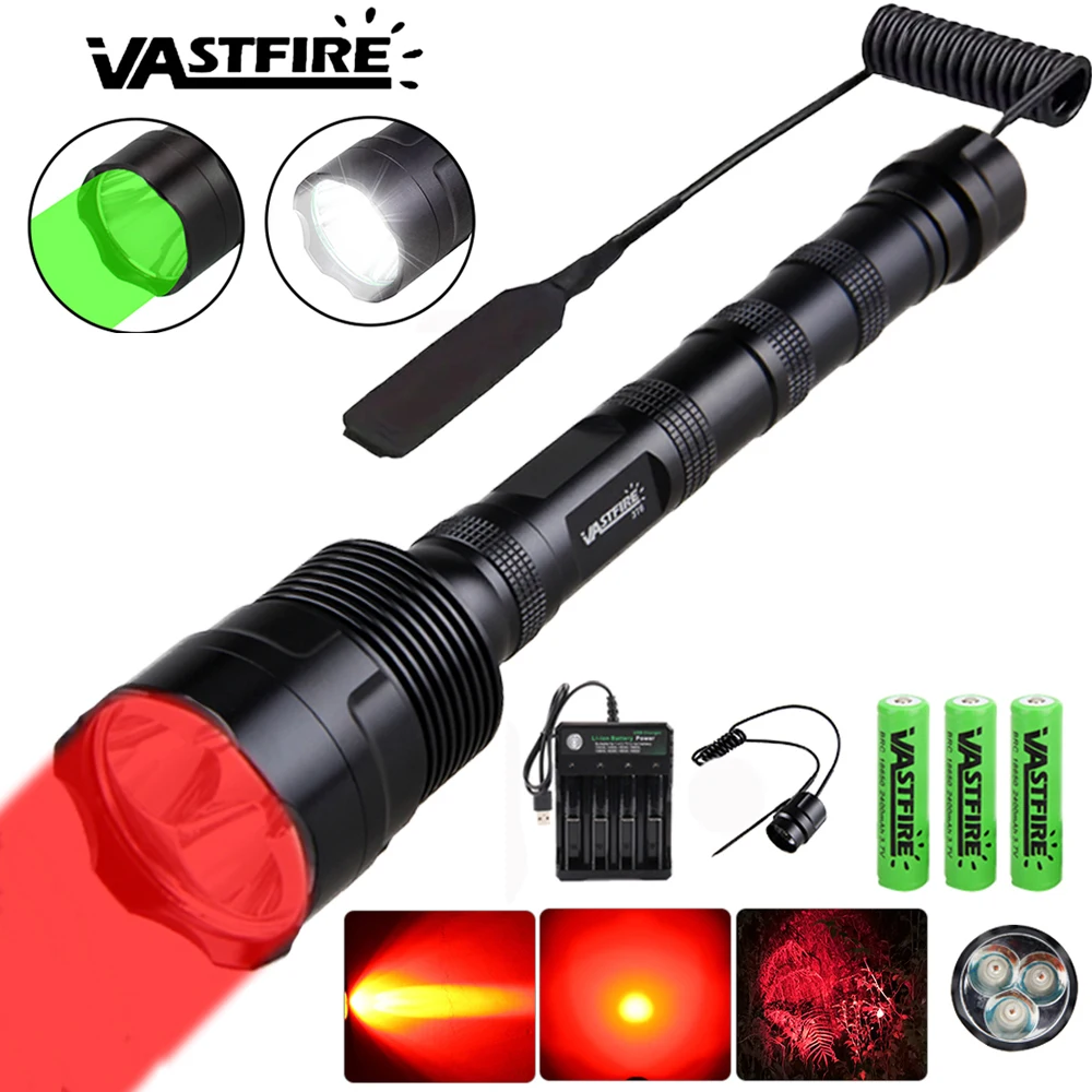 Tactical Flashlight Green/Red/White Aluminum 3*LED Camping Torch 1-Mode Powerful Night Hunting Light with Remote Pressure Switch