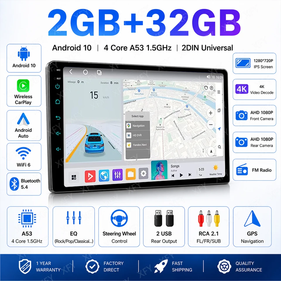 Radio de coche universal de 9/10 pulgadas 2 Din con Android 14, autorradio Android con GPS, sistema multimedia central inteligente para coche, Android Auto