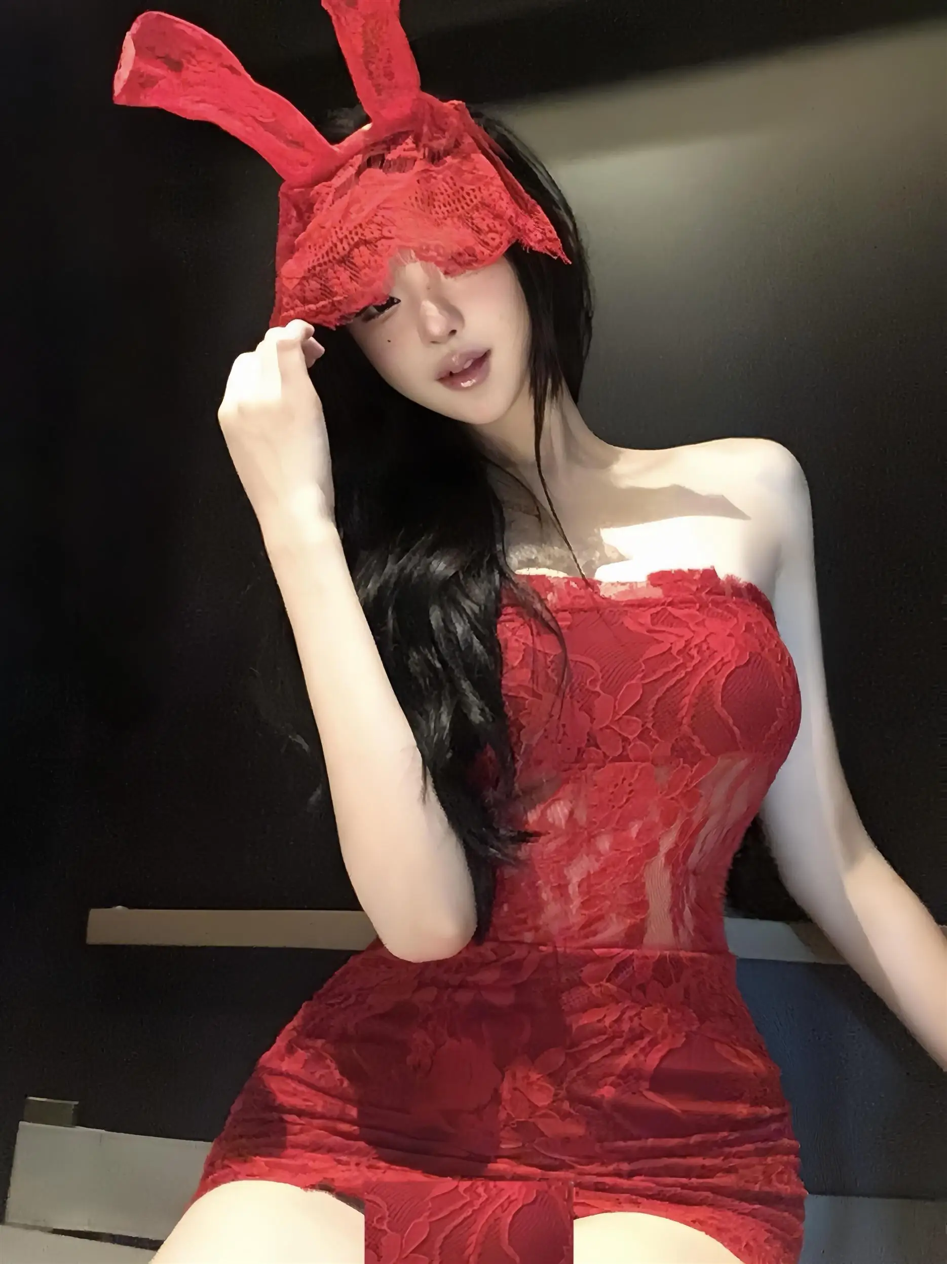 Vestido Bustier Rojo de Encaje con un Hombro Descubierto, Disfraz de loween, Falda Ajustada a la Cintura, Tela Suave, Elas...