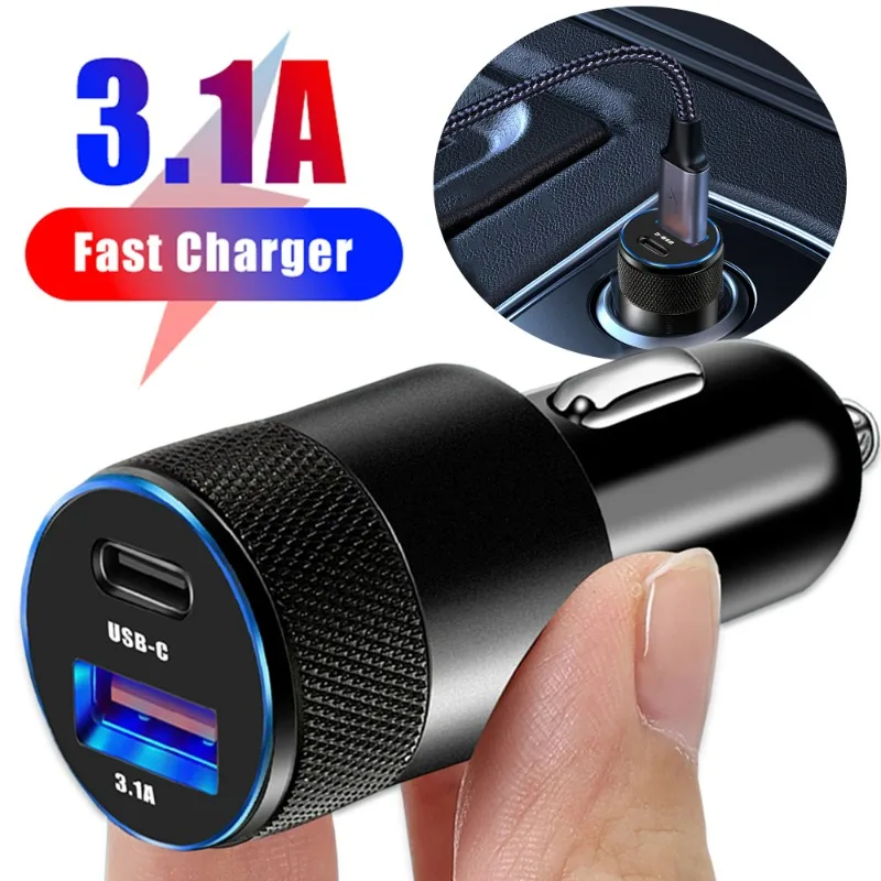 DC12-24V Dual Port Car Charger 15W Type-C USB3.1A Fast Charging Auto LED Translucent Display USB+PD Charger for 12V-15V Cars