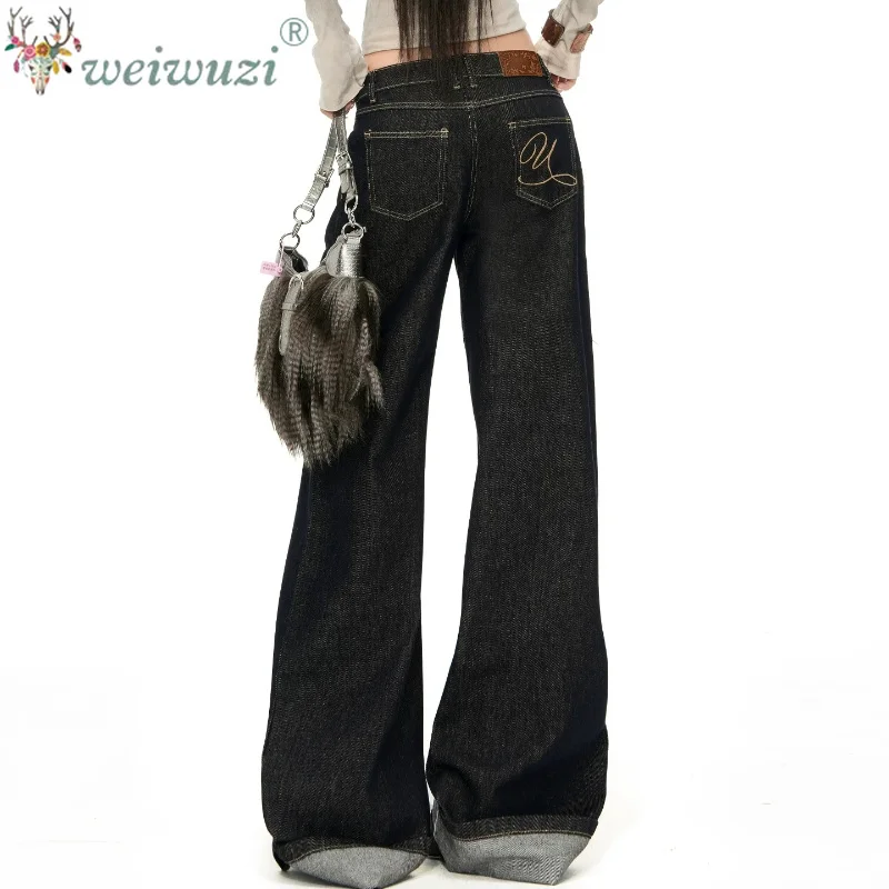 American Style Low‑Rise Women Jeans Contrast Stitching Wide Flared Leg Jeans Roll‑Up Hem Retro Streetwear Casual Denim Pants