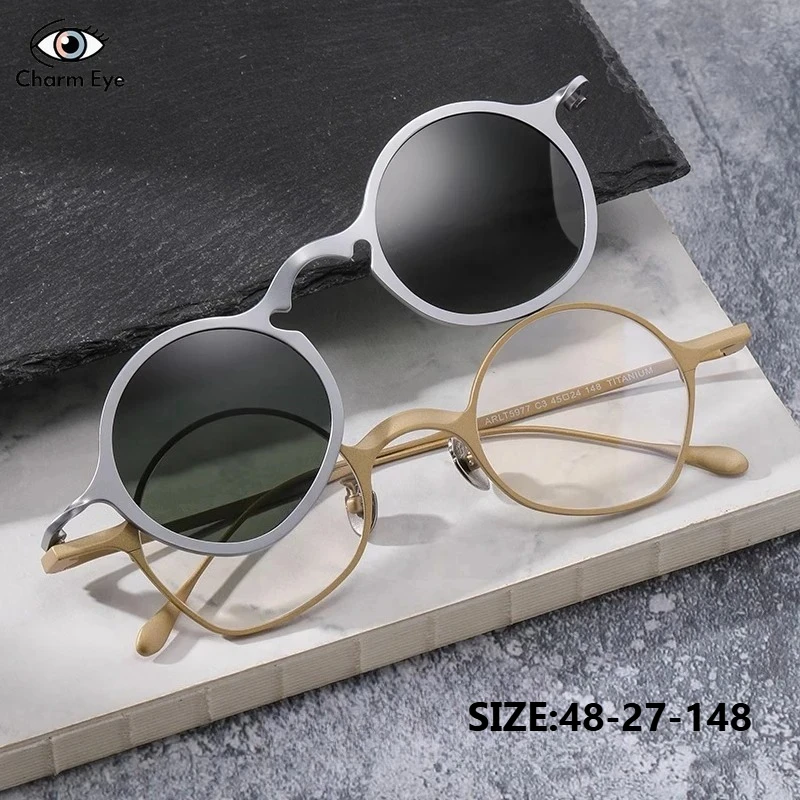 Magnetic Sunglasses Pure Titanium Polygonal Gold Retro Myopia Eyeglass Men UV400 Sun Glasses Clip Anti Blue Light Eyewear Women