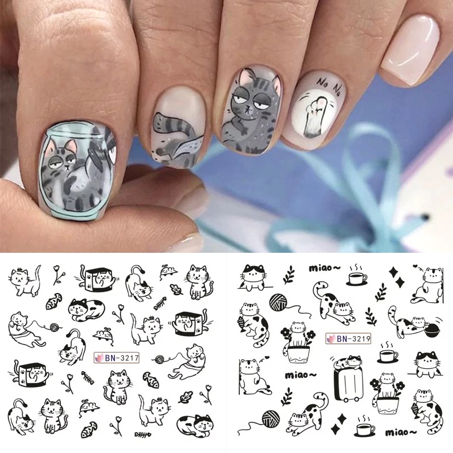 12가지 디자인의 검은 고양이 네일 워터 스티커 귀여운 카와이 만화 네일 아트 데칼 워터마크 전사 슬라이더 매니큐어 장식