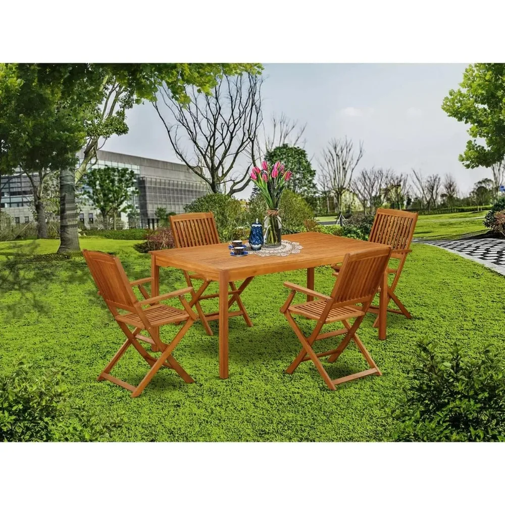 7 Piece Patio Garden Set Consist of a Rectangle Outdoor Acacia Wood Dining Table and 6 Folding Arm Chairs, 36x66 Inch