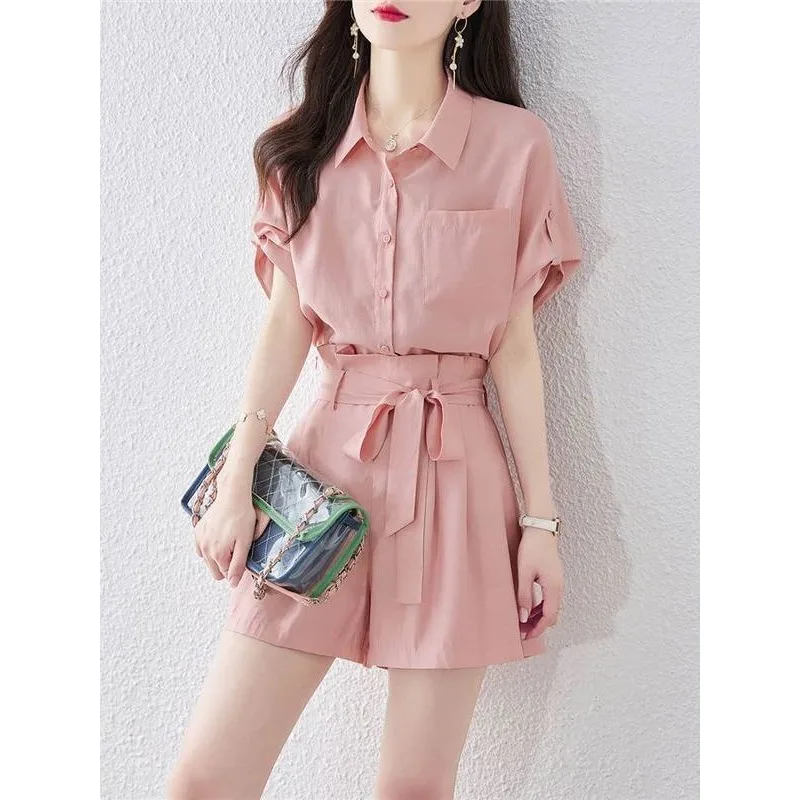 

Women 2PCS Casual Outfit Short Sleeve Shirt Belted Wide Leg Shorts Set