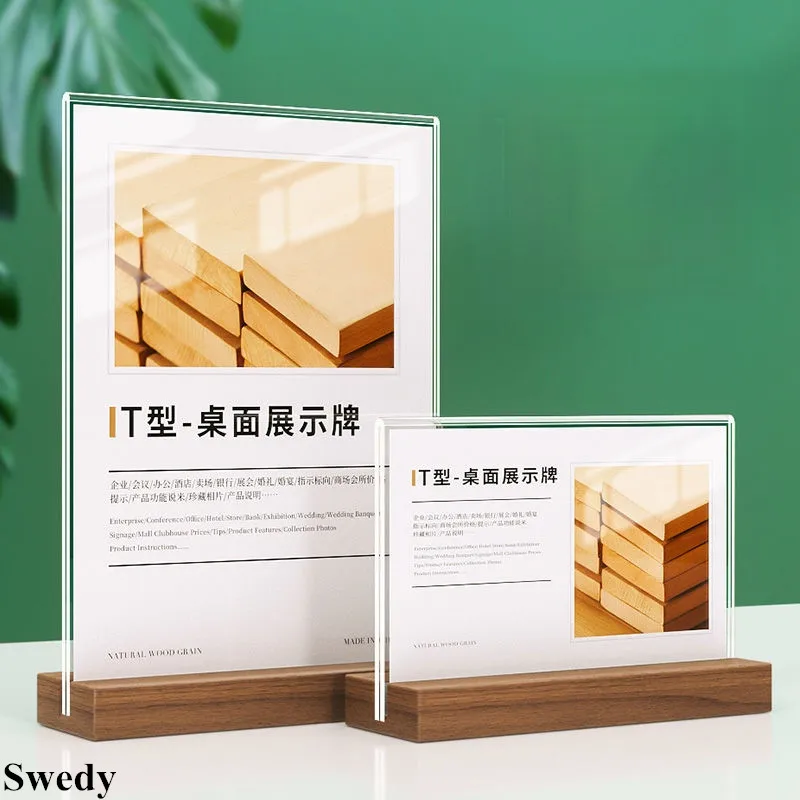 A5 148x210mm Restaurant Table Menu Paper Display Stand Wood Base Acrylic Brochure Flyer Frame Price Label Sign Holder