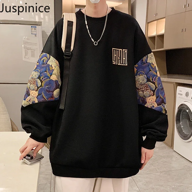 

Spring Embroidered Cotton O-neck Splicing Large Size Sweatshirt Men's Loose Casual Sports Tops Men Hoodies Male Sportswear
