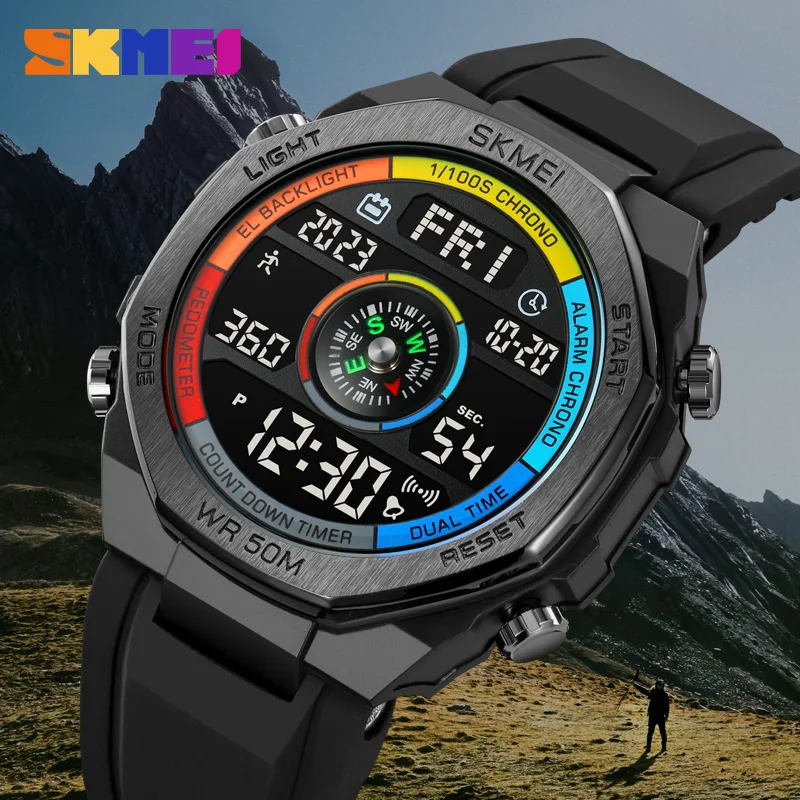 SKMEI Men Digital Watch Fashion Sport Electronic Watch For Men Man Compass Wristwatch Countdown Watch Silicone Band Watch