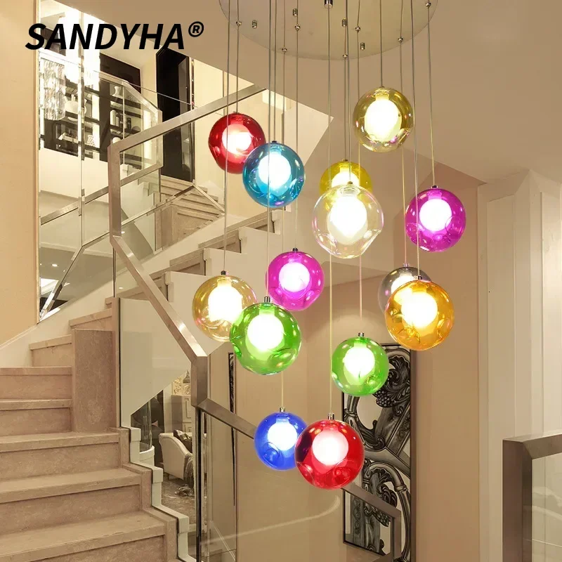 

SANDYHA Colorful Glass Chandeliers Lamp for Living Room Restaurant Lobby Loft LED G4 Bulb Pendant Light Home Decor Lighting