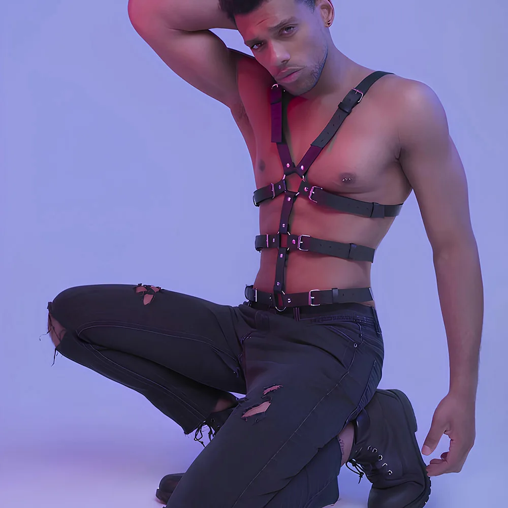 Men Harness Gay BDSM Pu Leather Adjustable Studded Decor Sex Bondage Harness Fetish Clothing Erotic Costume chest harness