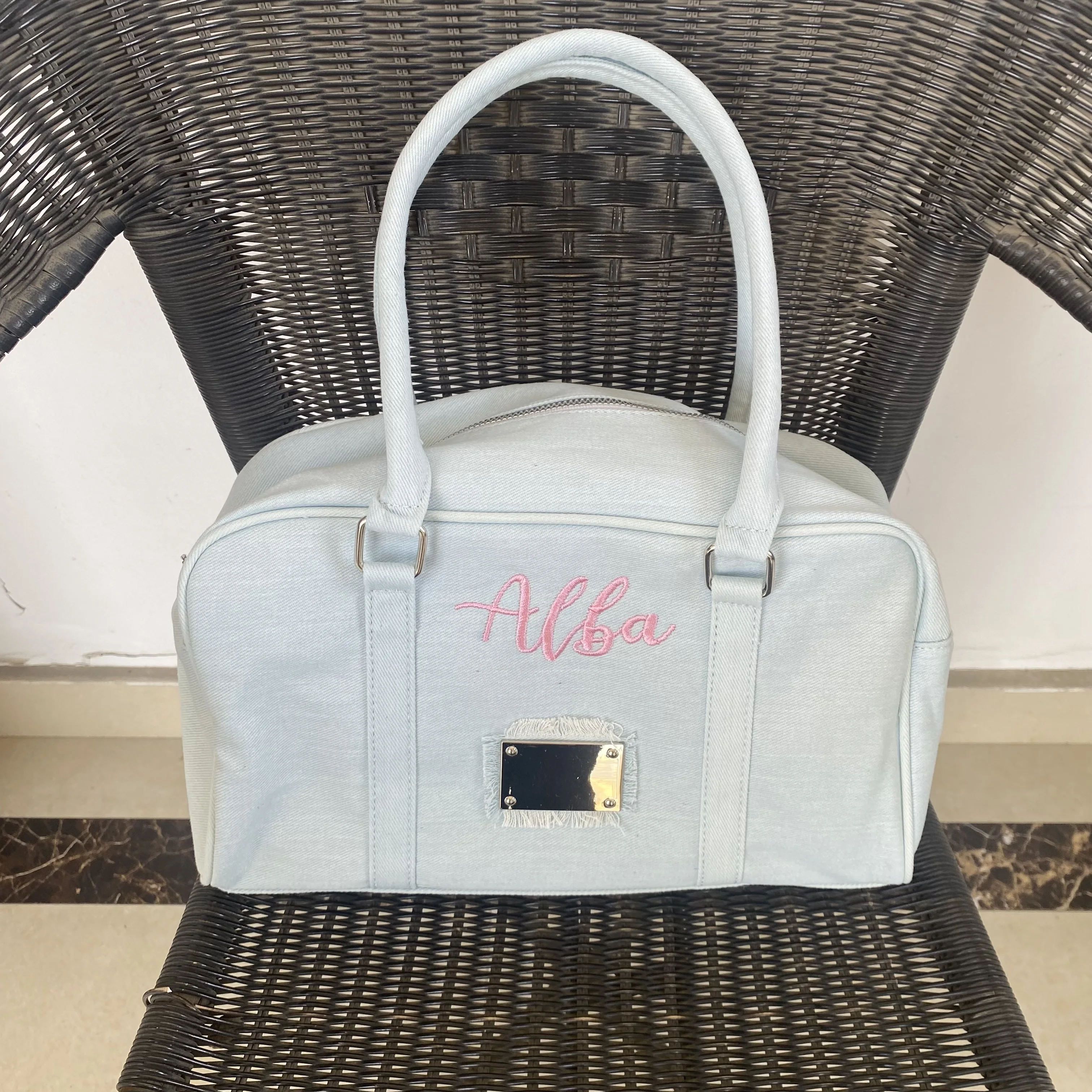 Denim Shoulder Bag, Personalized Name For Girls, Light Blue Handbag, Customized Embroidery, Casual, Large Capacity Bag