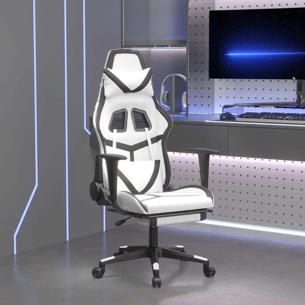 Cadeira ergonômica para jogos com apoio para os pés – design elegante em couro sintético branco e preto