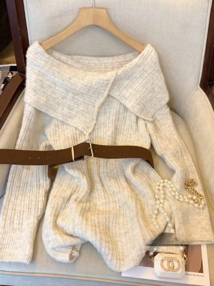 

Ele Slim Fit One oulder Knitwear for Women Spring Season Sli Turn down Collar Korean Sle Pure Color Casual Top