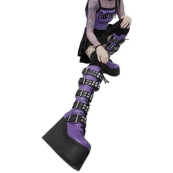 Ladies Purple Lace up Knee High Heel Platform Boots Gothic Metal Decorative Women's Boots Zipper Wedge Heel Prom Boots