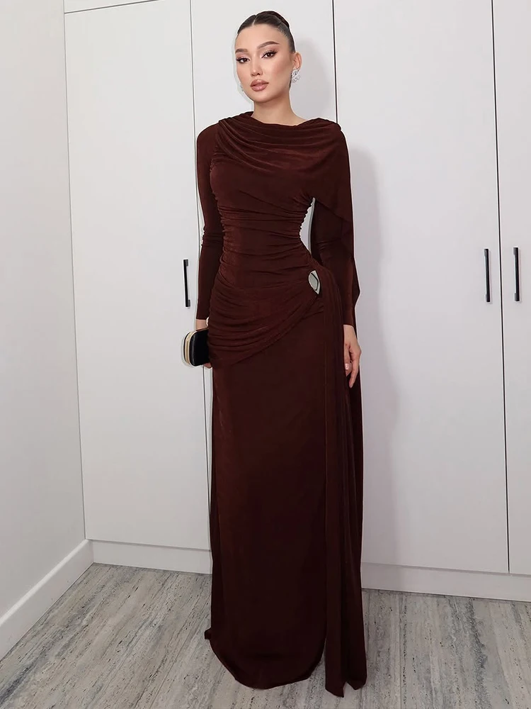 Weird Puss Elegant Flocking Dress Women Irregular Cape Collar Metal Decoration Autumn Christmas Evening Stretch Skinny Bodycon