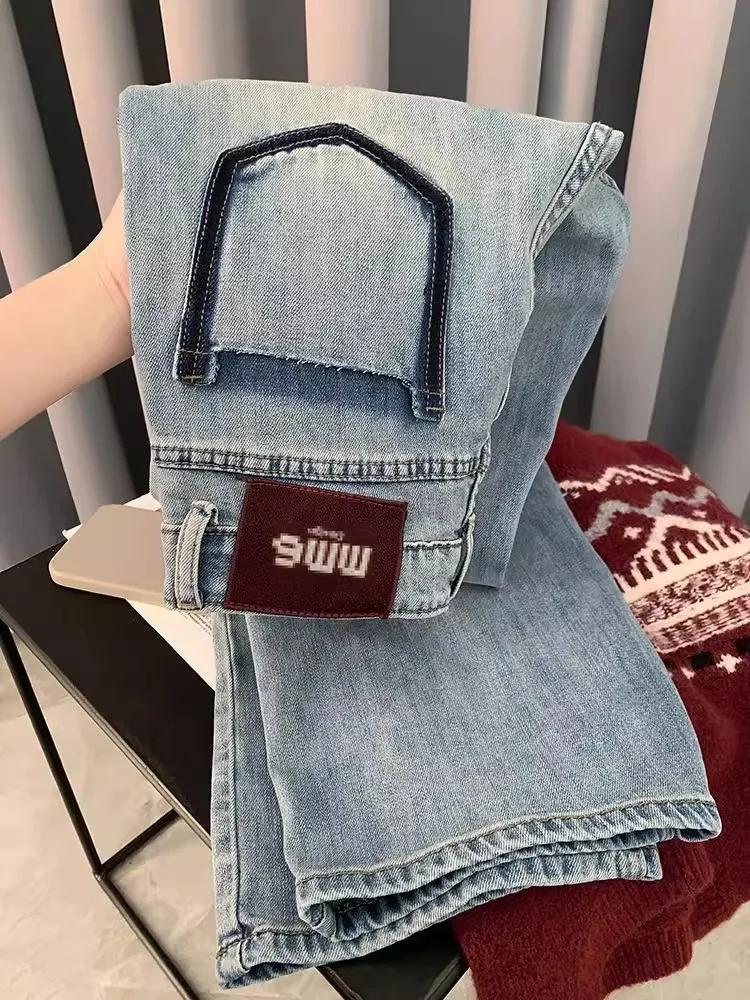 

Новинка 2025 года, синие джинсы, высококачественные прямые брюки в стиле ретро, женские осенне-зимние свободные широкие джинсовые брюки с высокой талией больших размеров