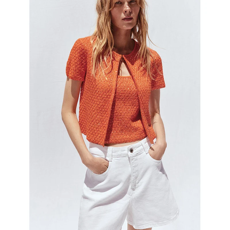 

Вязаный топ ort Sve круглый Ne Square Ne украшенный бисером 9598092, облегающий летний повседневный костюм из полиэфирного волокна