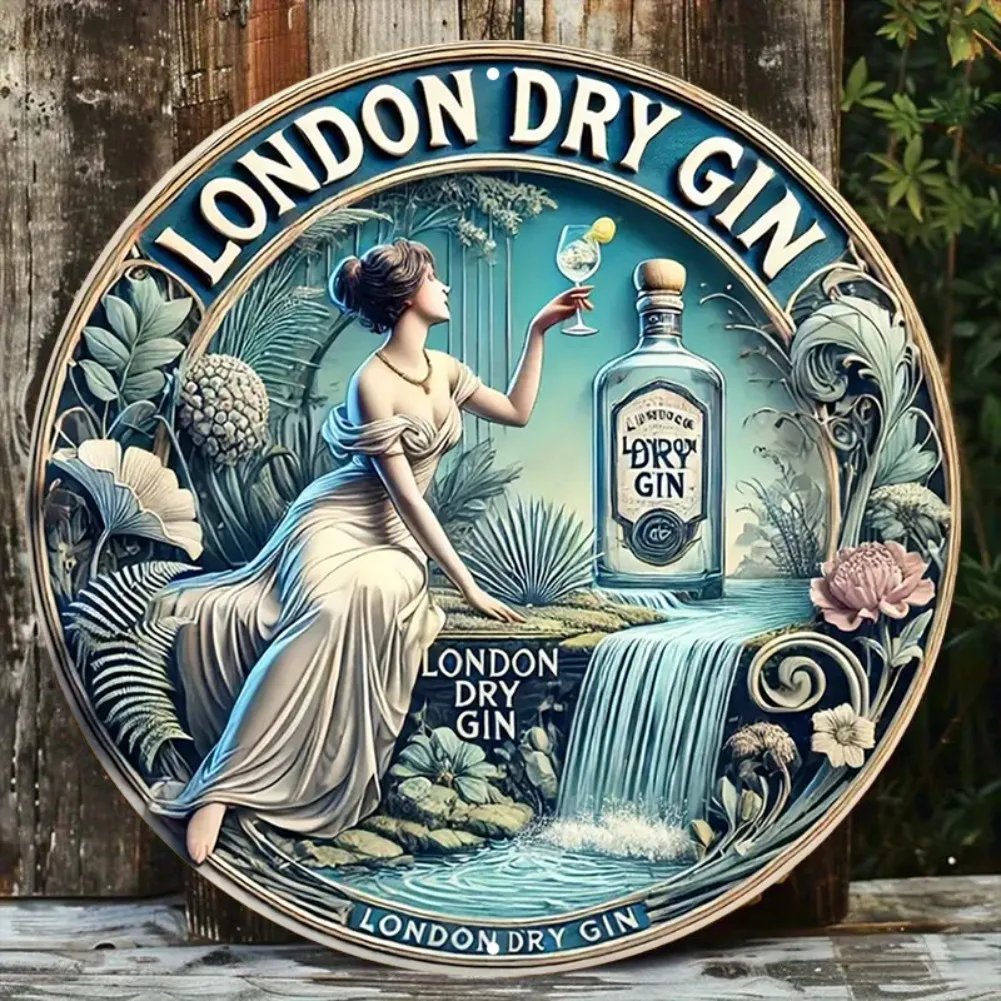 Arte de pared de aluminio 2D Vintage London Dry Gin, 1 unidad, póster redondo elegante de mujer de 7,8x7,8 ", decoración botánica para patio trasero y regalo Ideal