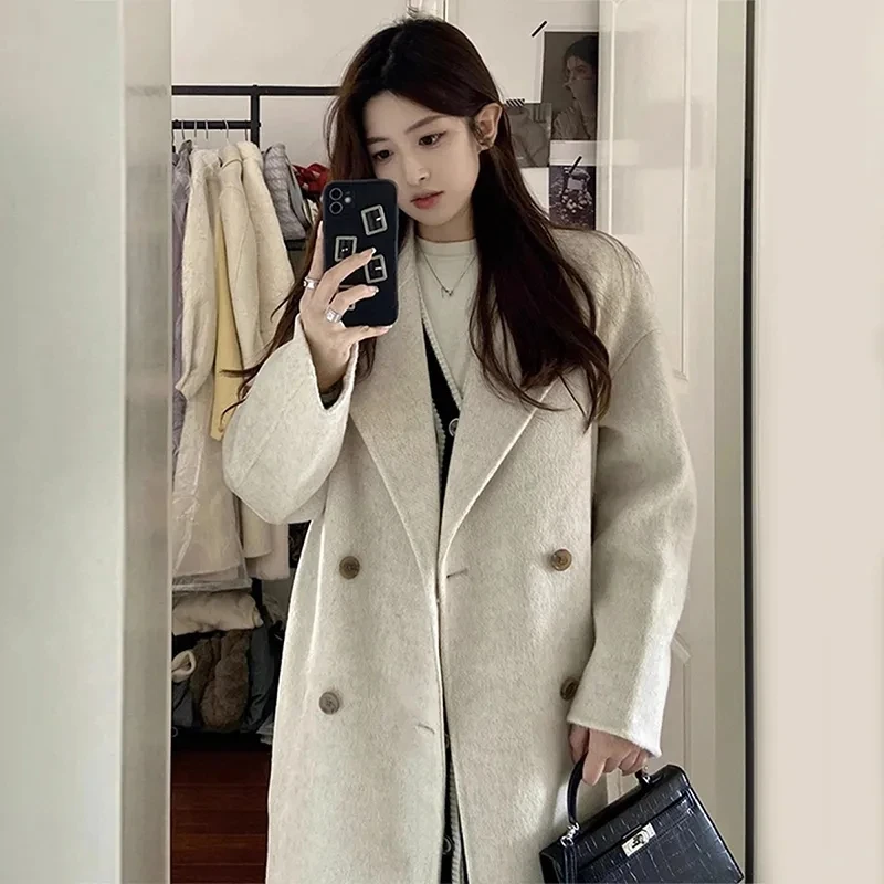 

Temperament Loose Wool Coat Womens Autumn Winter New Fashion Turn Down Collar Jacket Thicken Long Sleeve Double Breasted Coats