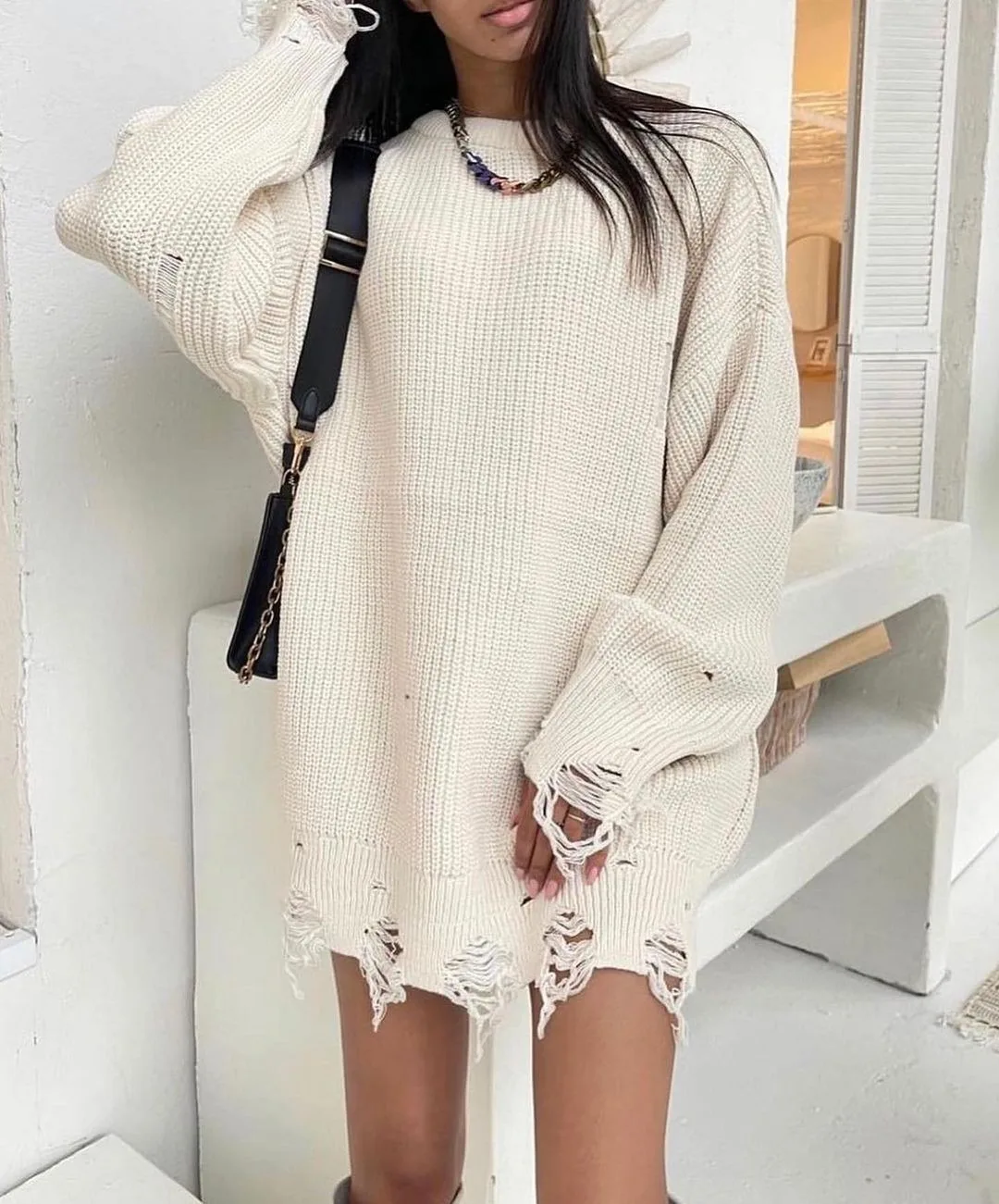 Autumn Winter Streetwear Ripped Hole Women Knitted Sweaters Pullovers Long Sleeve Solid Color Loose Aesthetic Sweater y2k Women