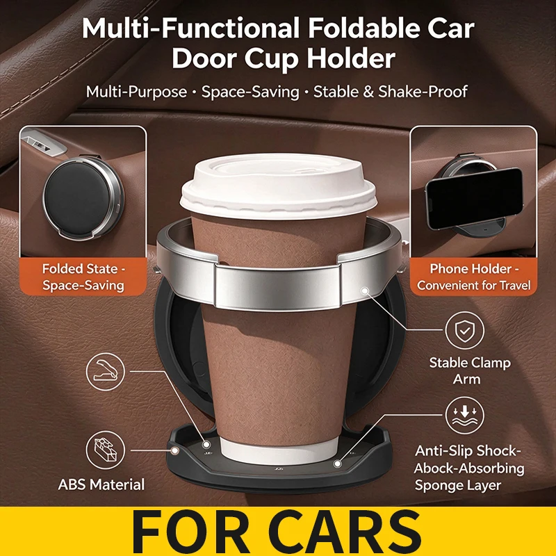 Foldable Clip-on Car Door Cup Holder, Universal Auto Drink Bottle Holder, Car Interior Accessories