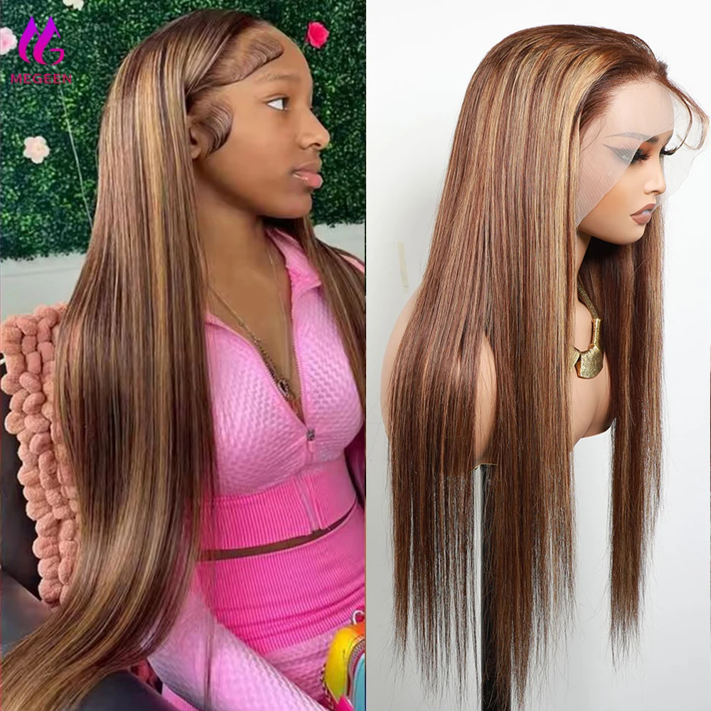 Megeen 26 Inch Straight Lace Front Wig Ombre Highlight 13x4 Lace Front Wigs Human Hair Transparent Pre Plucked P4/27 Colored Wig