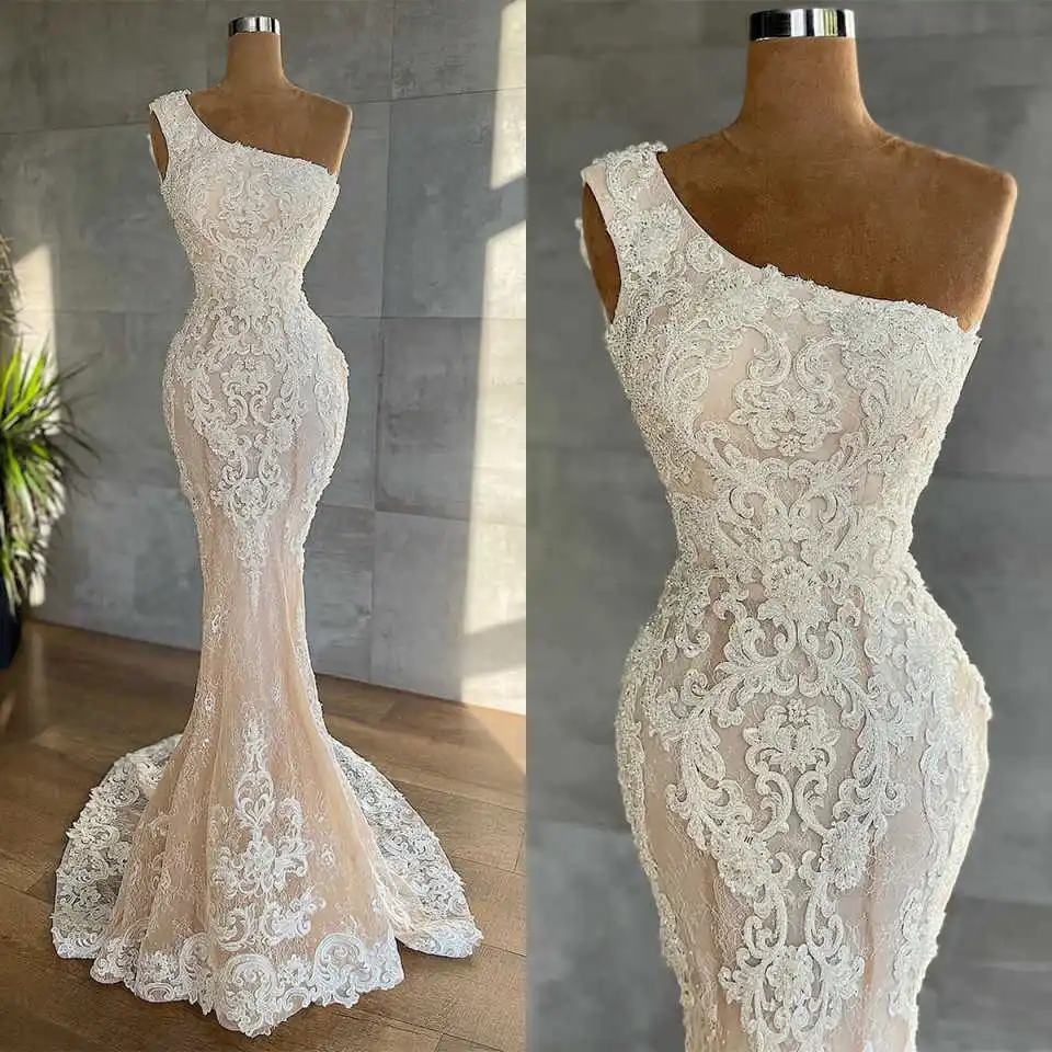 Vintage Mermaid Wedding Dresses Appliques Lace One Shoulder Bridal Gown Sweetheart Sweep Train Vestido De Noiva Customized