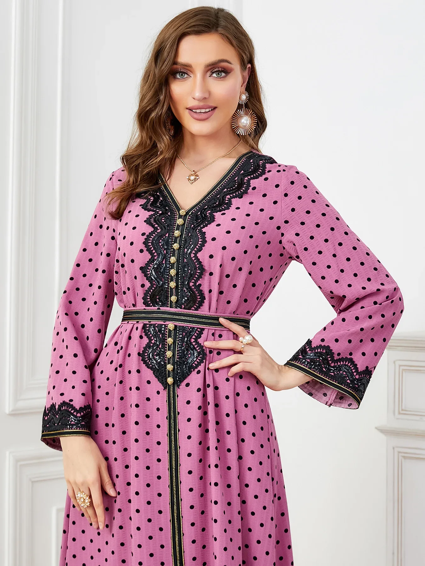 Eid Muslim Party Dress for Women Polka Dot Ramadan Abaya Belt Morocco Kaftan Vestidos Largos Dubai Turkey Robe Jalabiya 2024