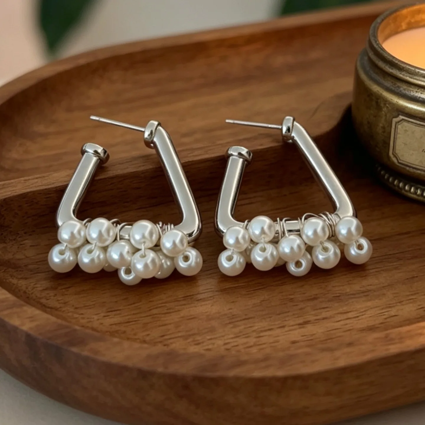 2026 new silver metal triangular shape earrings pearl beaded stud earrings unique design niche earrings women